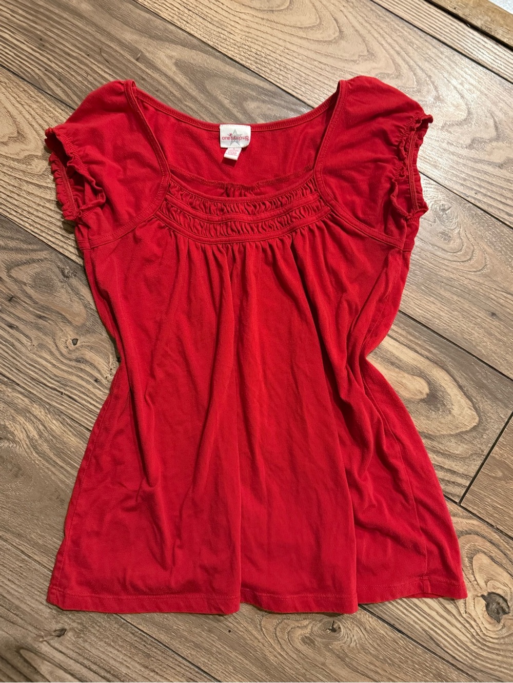 Red Short Sleeve Smocked Yoke Women's Top